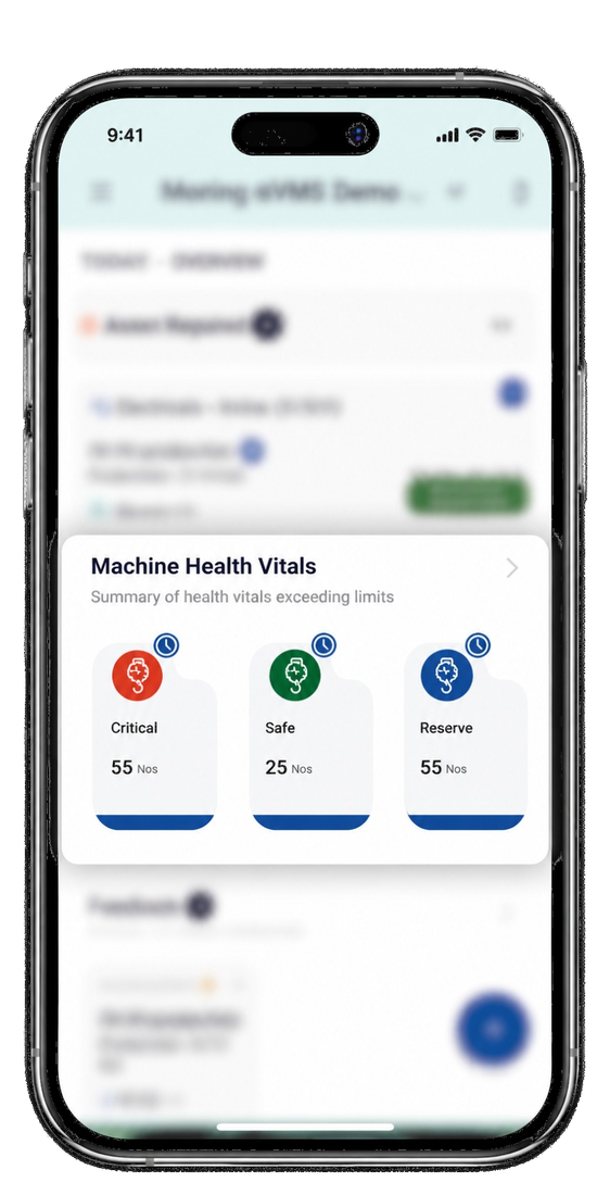 The APMS app on a phone, showing a machine health vitals summary