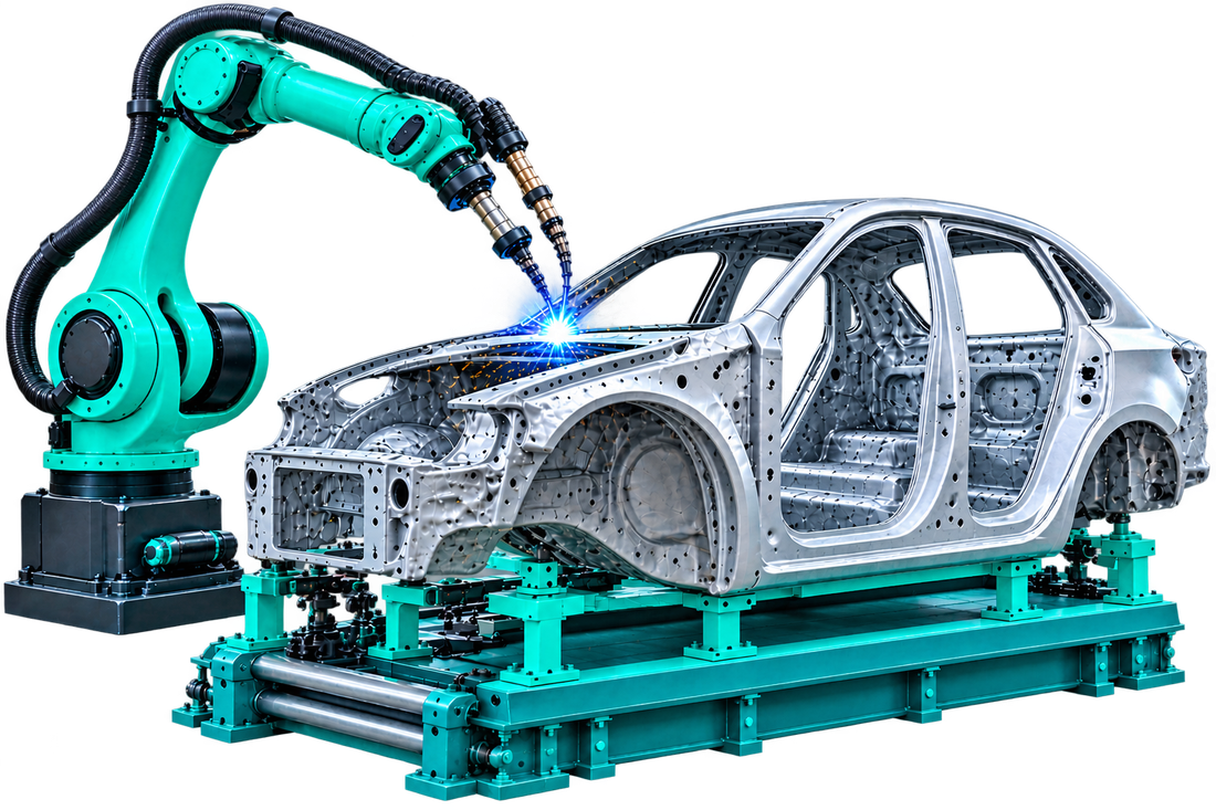 A robot welding cell: six arms around a car body-in-white on its jig
