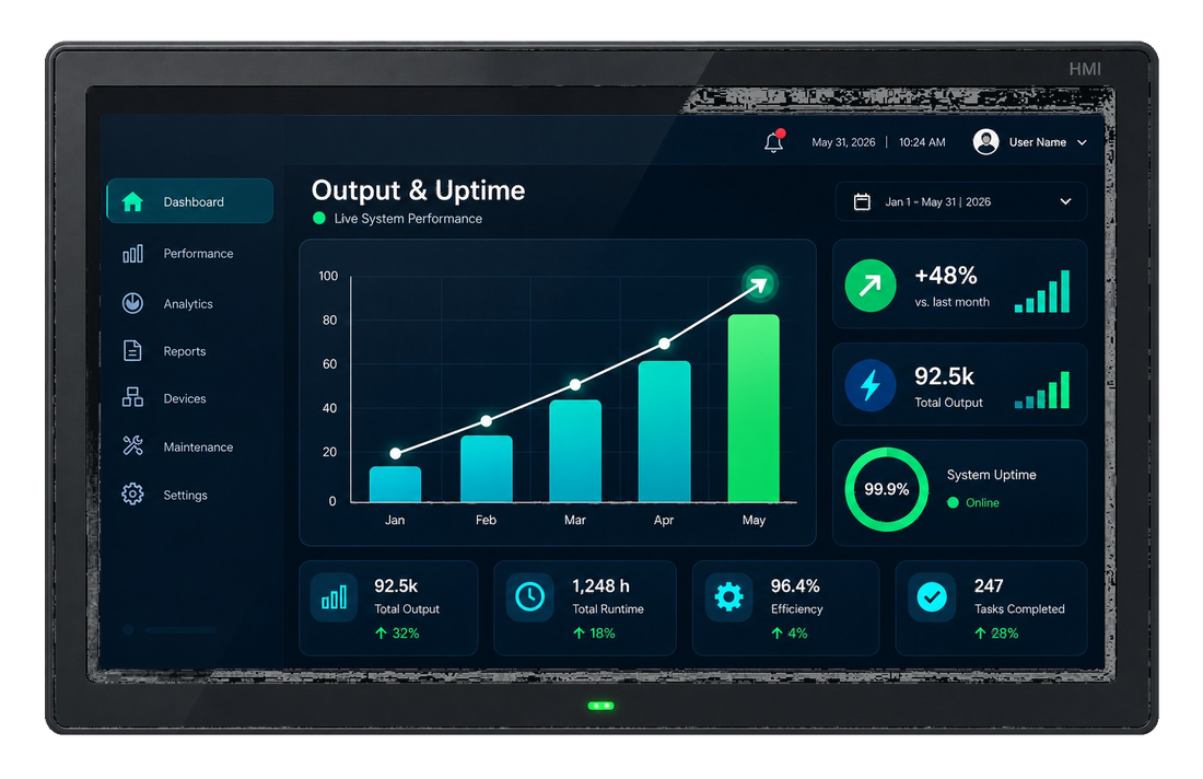 An on-site HMI panel showing live output and uptime for the plant