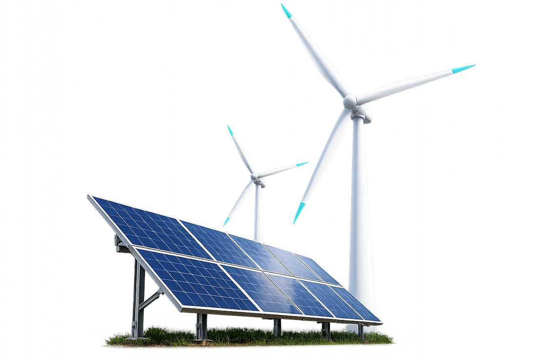 A solar array running to the horizon with wind turbines behind it
