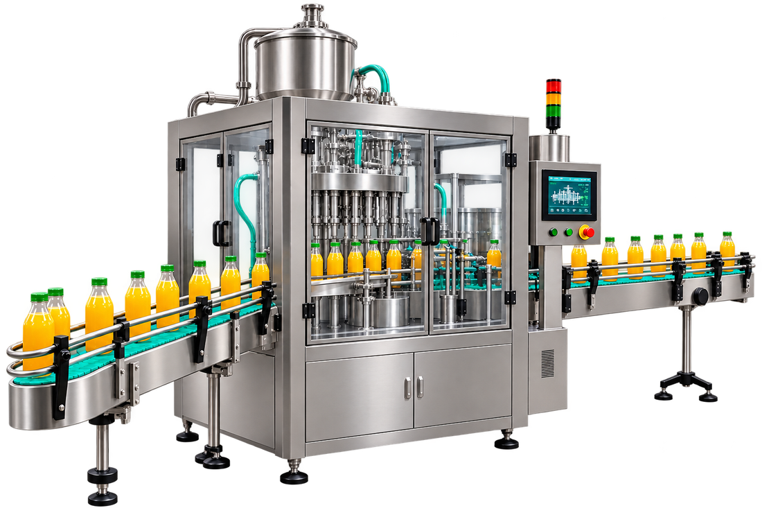 Filled bottles moving through a beverage bottling line