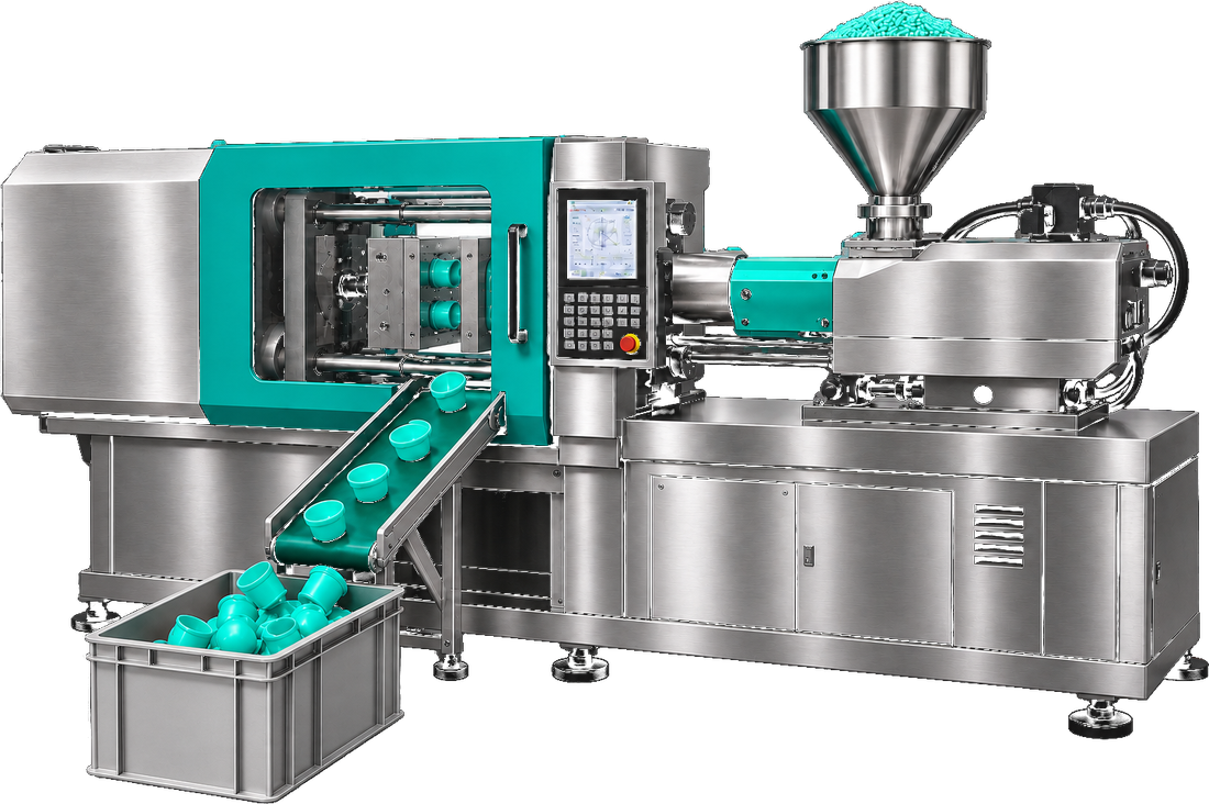 A blow-mould tool shaping two plastic bottles mid-cycle