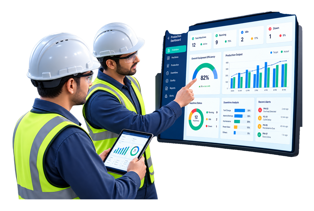 Two engineers reading output and downtime on a production dashboard