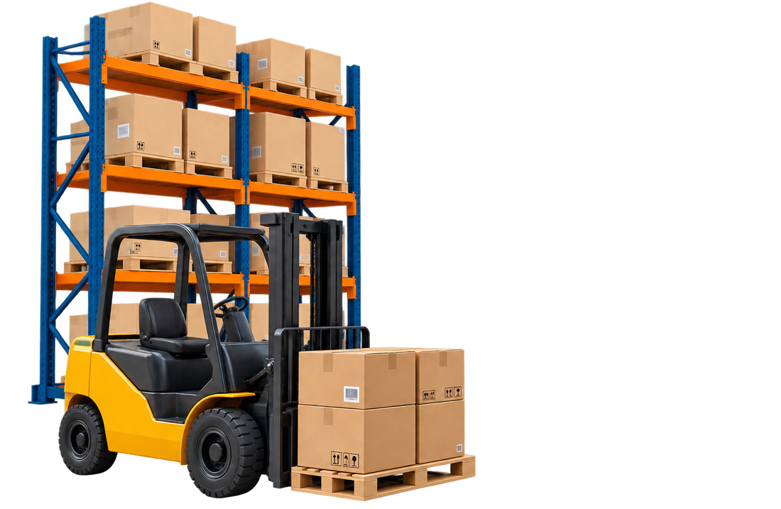 Reach trucks and operators working a pallet racking aisle